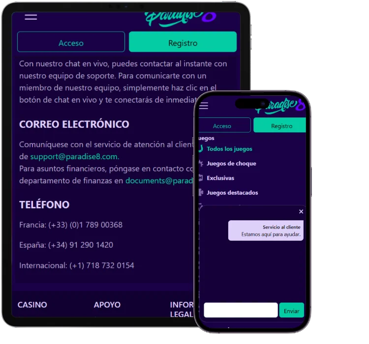 Centro de soporte de Paradise8 Casino con chat en vivo, correo electrónico y teléfonos de contacto