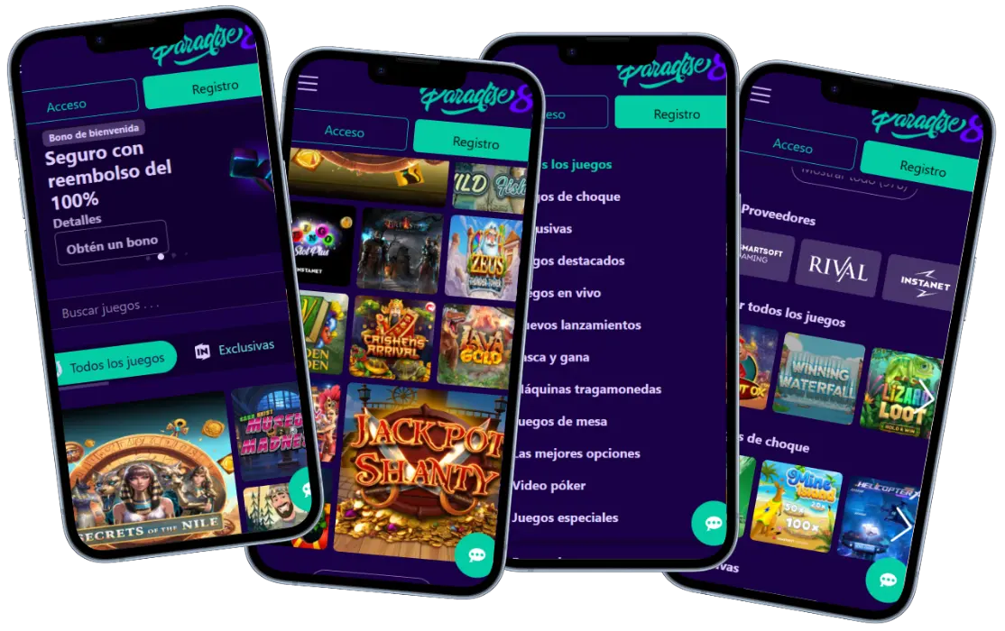Versión móvil de Paradise8 Casino con juegos, promociones, menú y proveedores